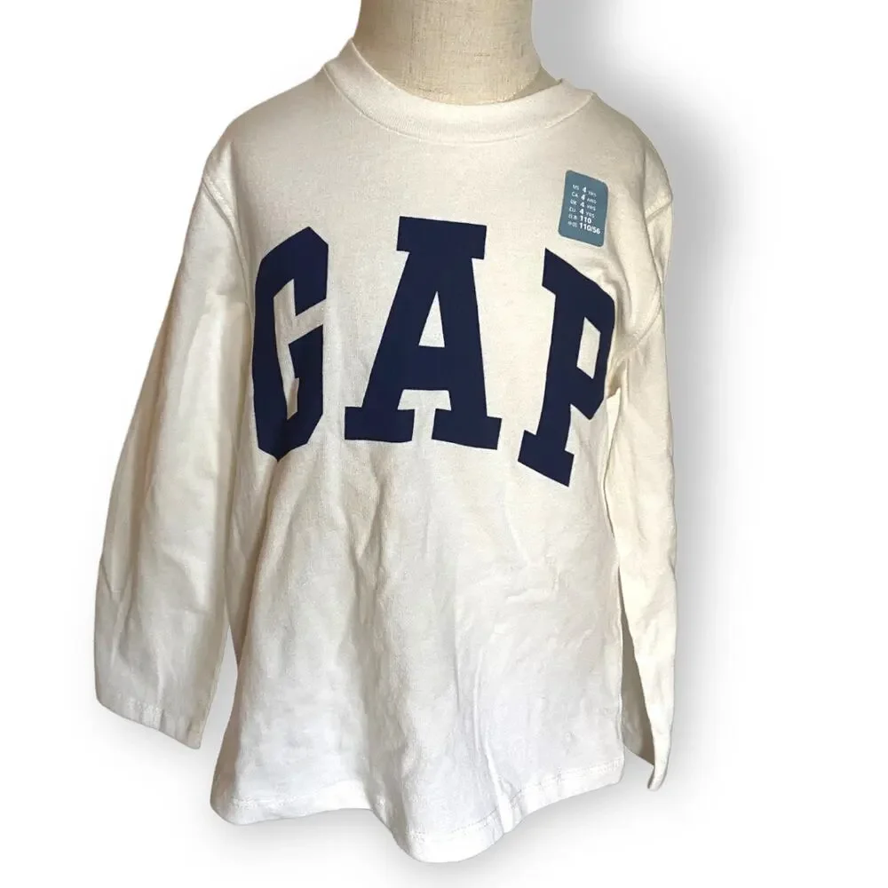 Gap Boys Girls Shirt‎ Size 4 Off White Navy Blue Long Sleeved Logo Tee NEW